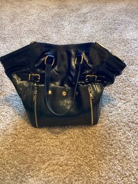Yves Saint Laurent Black Patent Tote with Gold Hardware